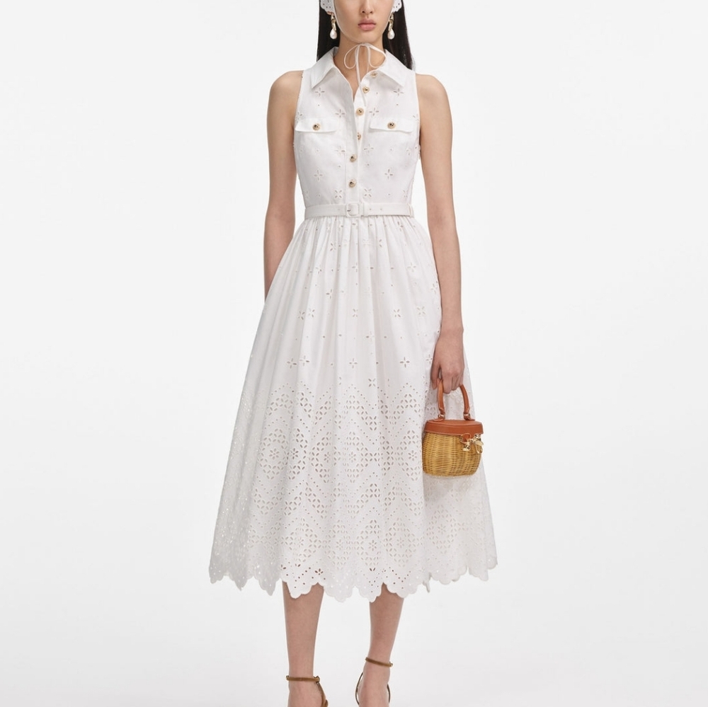 Self-portrait White Cotton Broderie Collared Midi Dress